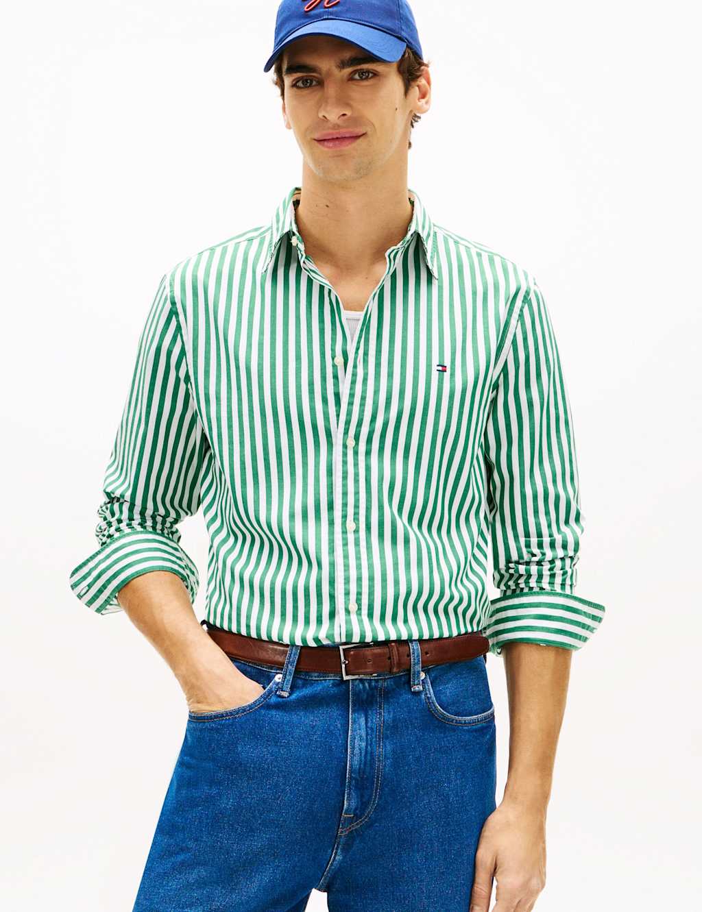 Tommy Hilfiger Men's Regular Fit Pure Cotton Striped Shirt - 2XL - Green Mix - Available at M&S