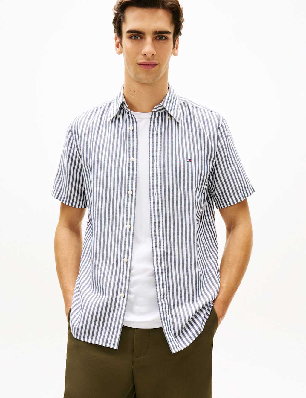 Tommy Hilfiger Men's Regular Fit Linen Blend Striped Shirt - 2XL - Navy Mix - Available at M&S