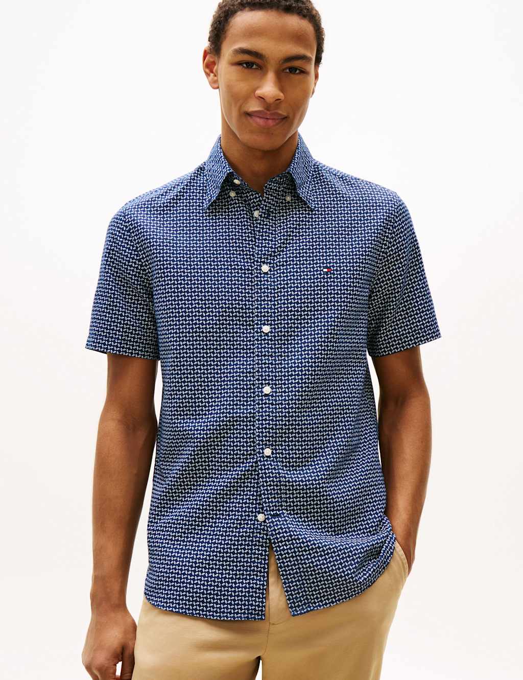 Tommy Hilfiger Men's Regular Fit Linen Blend Geometric Shirt - L - Navy Mix - Available at M&S