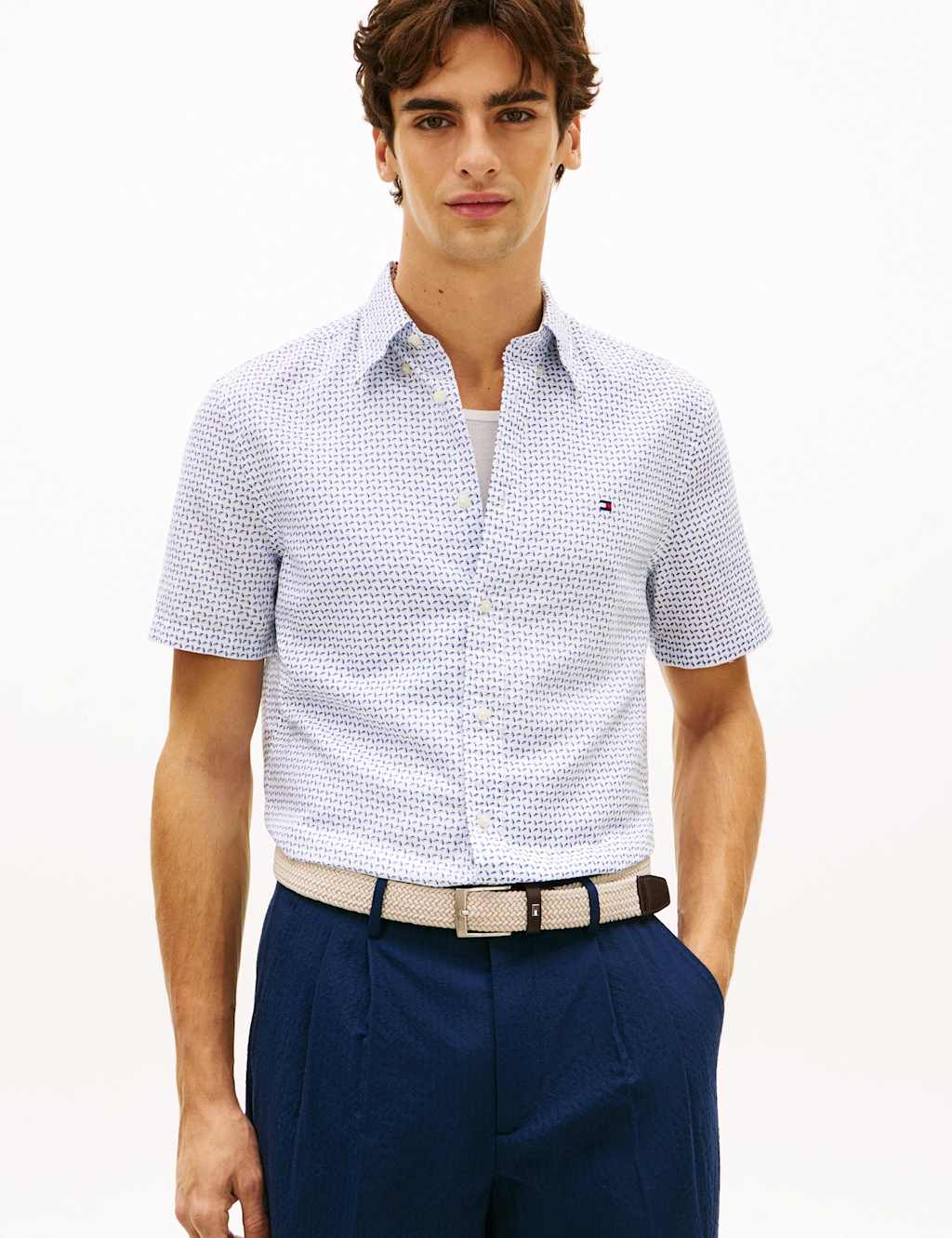 Tommy Hilfiger Men's Regular Fit Linen Blend Geometric Shirt - M - White Mix - Available at M&S