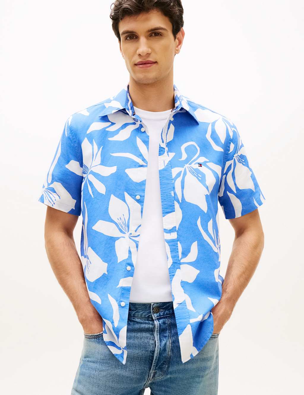 Tommy Hilfiger Men's Regular Fit Linen Blend Floral Shirt - XL - Blue Mix - Available at M&S