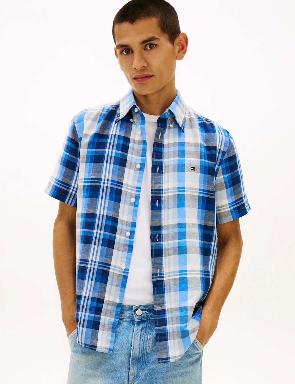 Tommy Hilfiger Men's Regular Fit Linen Blend Check Shirt - M - Navy Mix - Available at M&S