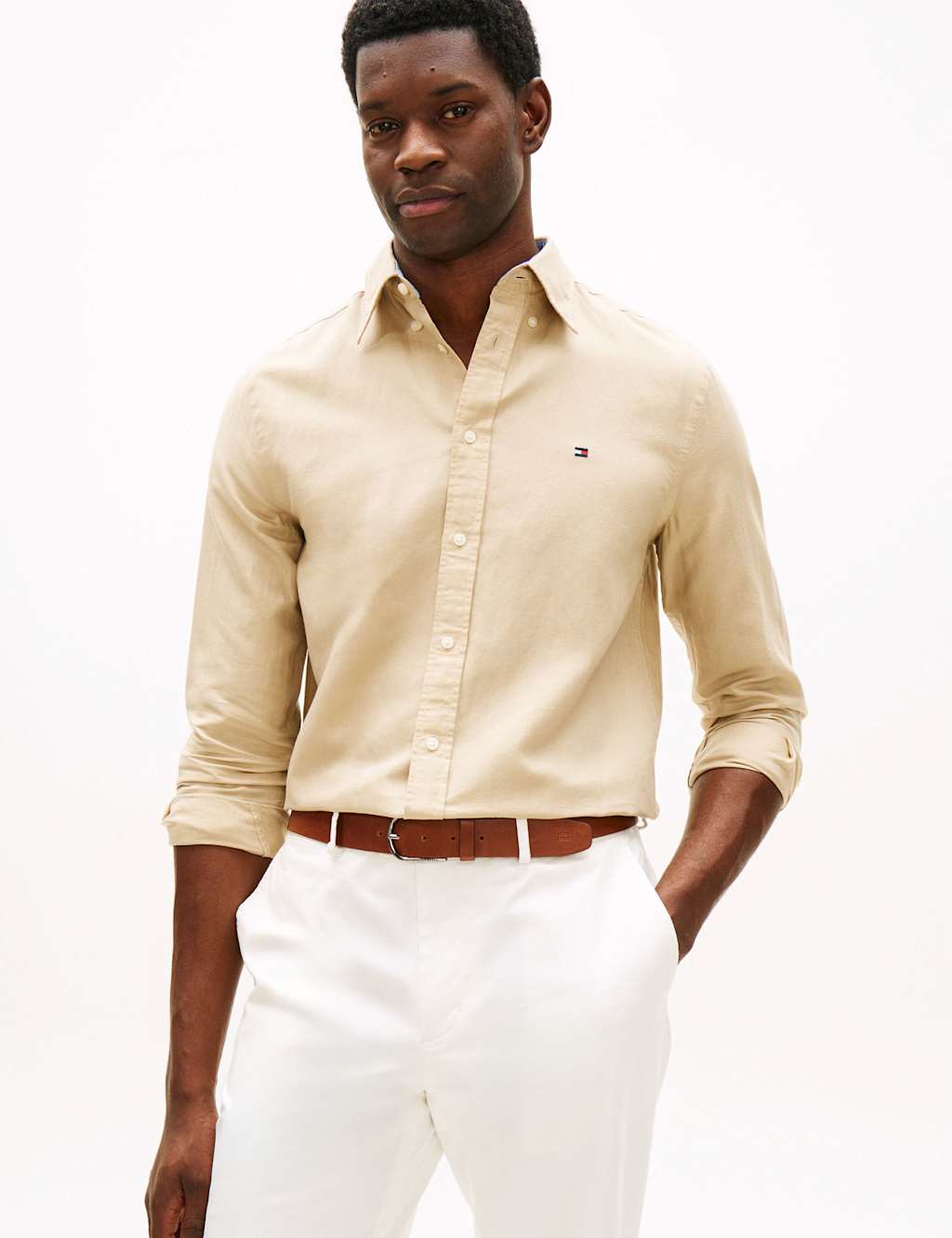 Tommy Hilfiger Men's Regular Fit Linen Blend Shirt - M - Stone - Available at M&S