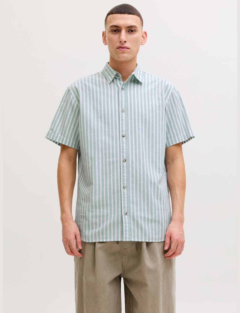 Jack & Jones Men's Regular Fit Pure Cotton Striped Short Sleeve Oxford Shirt - M - Green - Available at M&S