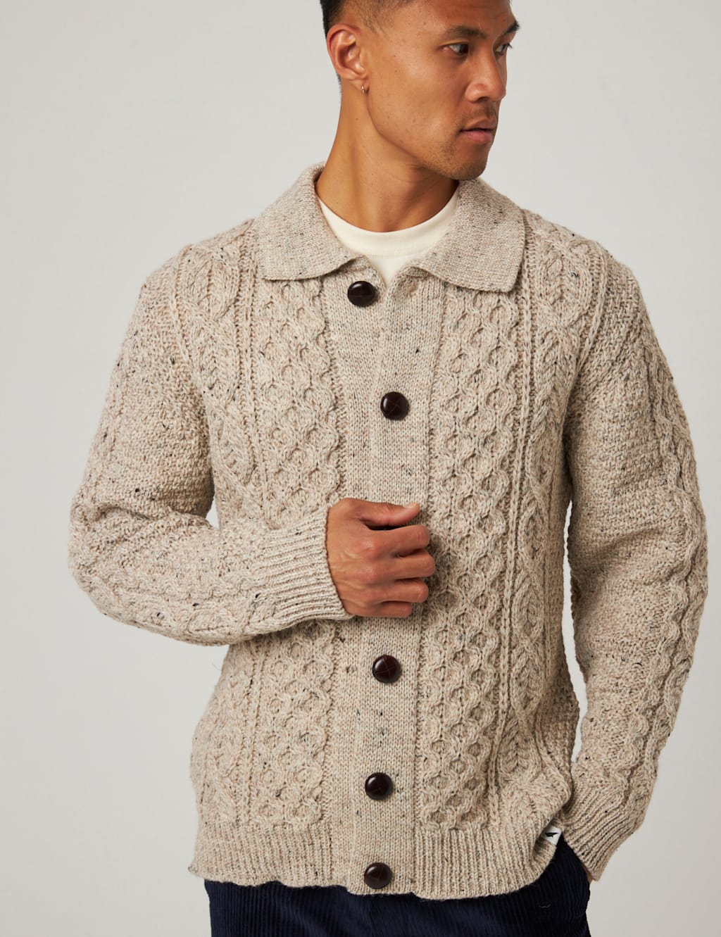 Peregrine Pure Wool Cable Knit Cardigan Natural