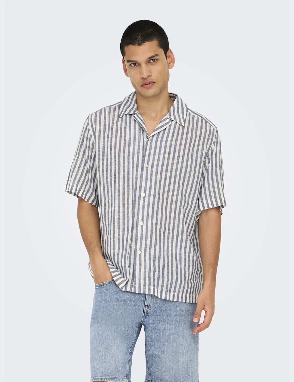 ONLY & SONS Regular Fit Linen Blend Striped Shirt Blue Mix