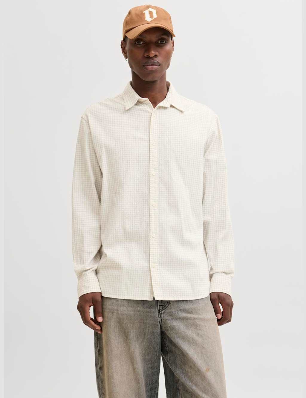 Jack & Jones Men's Regular Fit Cotton Rich Seersucker Checked Shirt - XL - Beige - Available at M&S