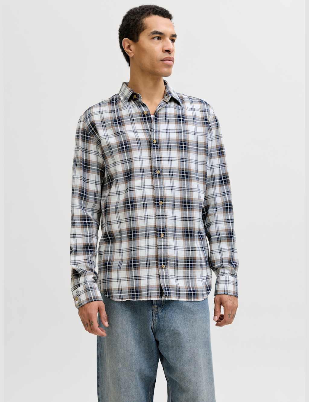 Jack & Jones Men's Regular Fit Pure Cotton Checked Flannel Shirt - XL - White Mix - Available at M&S