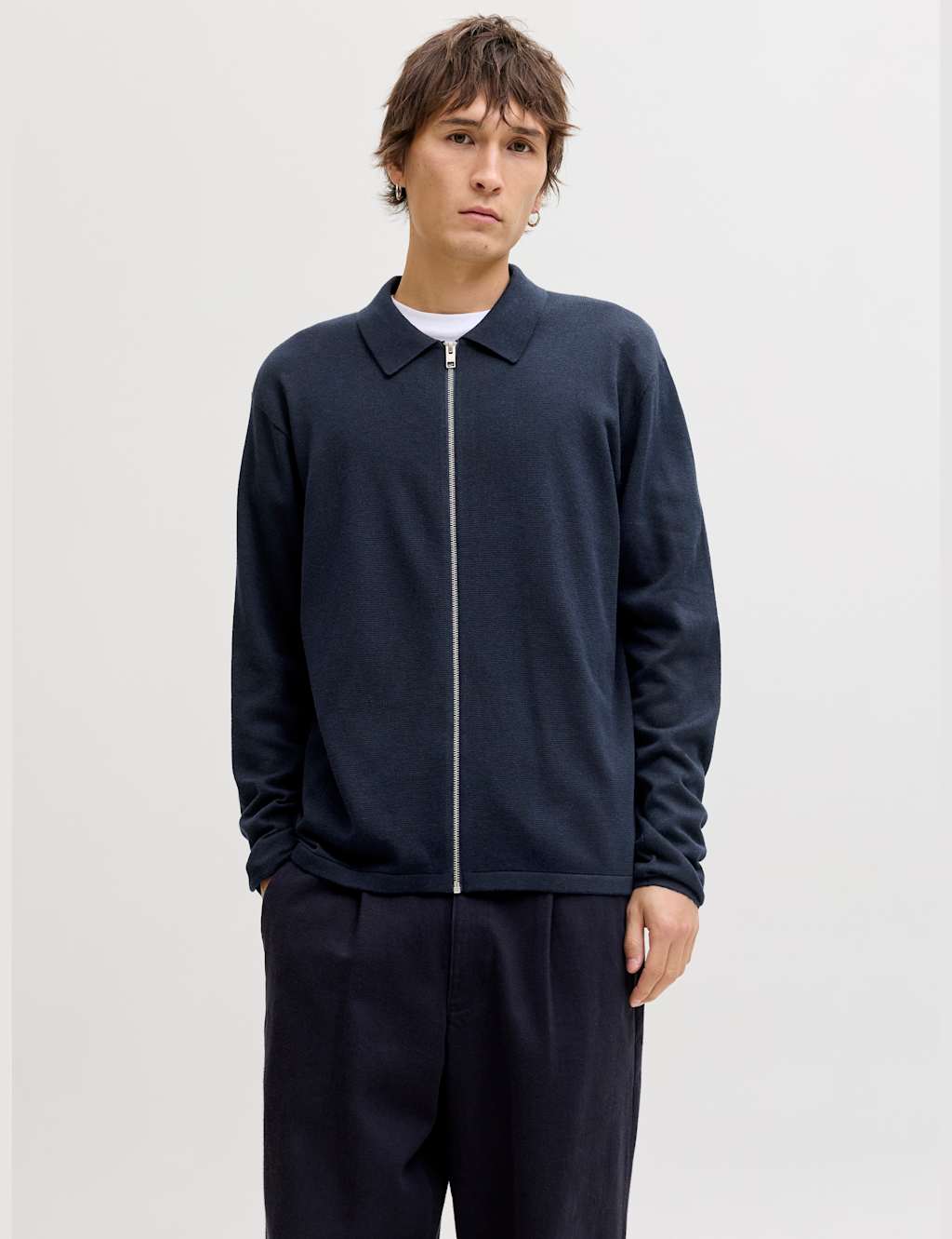 Jack & Jones Men's Cotton Blend Zip Up Cardigan - 2XL - Navy - Available at M&S