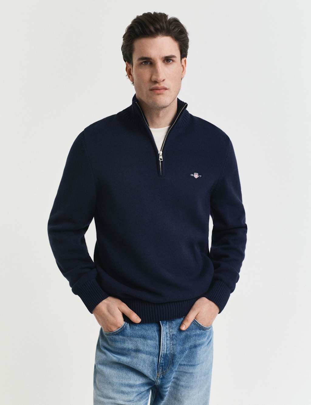 Gant Men's Pure Cotton Embroidered Half Zip Jumper - Navy, Navy,Khaki