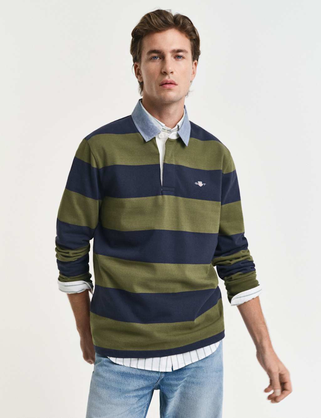 Gant Men's Pure Cotton Striped Rugby Shirt - L - Khaki Mix, Khaki Mix