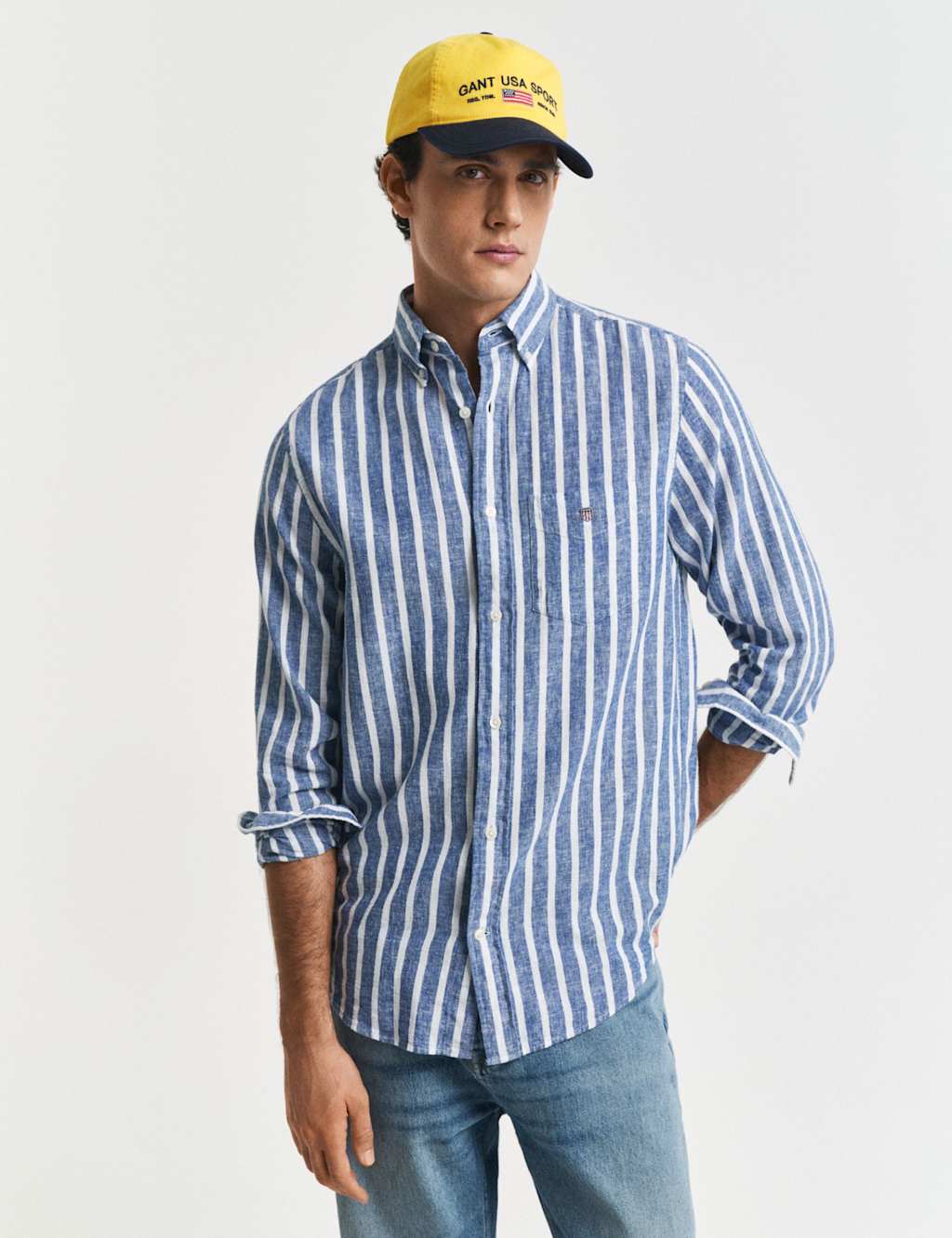 GANT Regular Fit Cotton Linen Blend Striped Shirt Blue