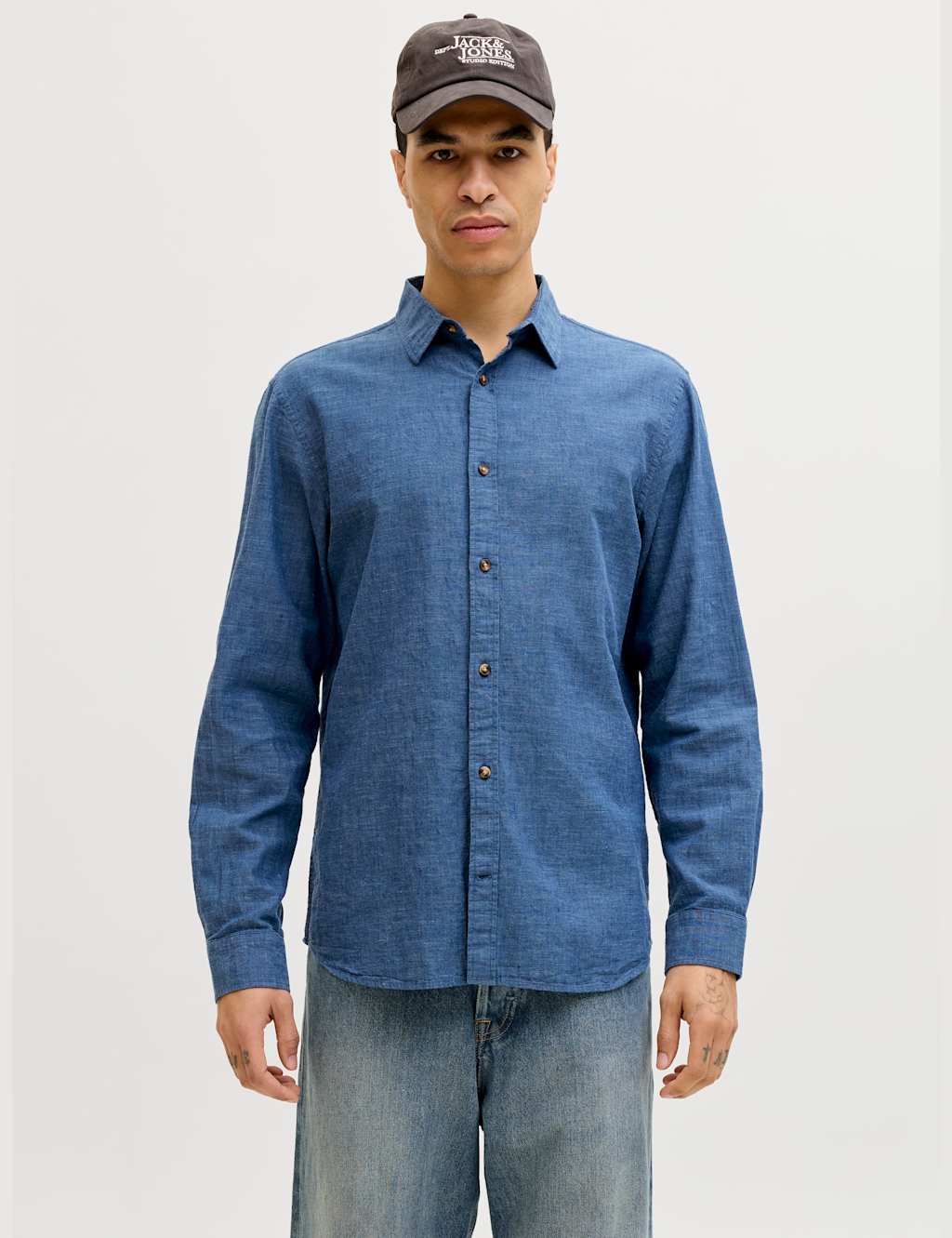 Jack & Jones Men's Regular Fit Linen Blend Shirt - S - Navy Mix - Available at M&S