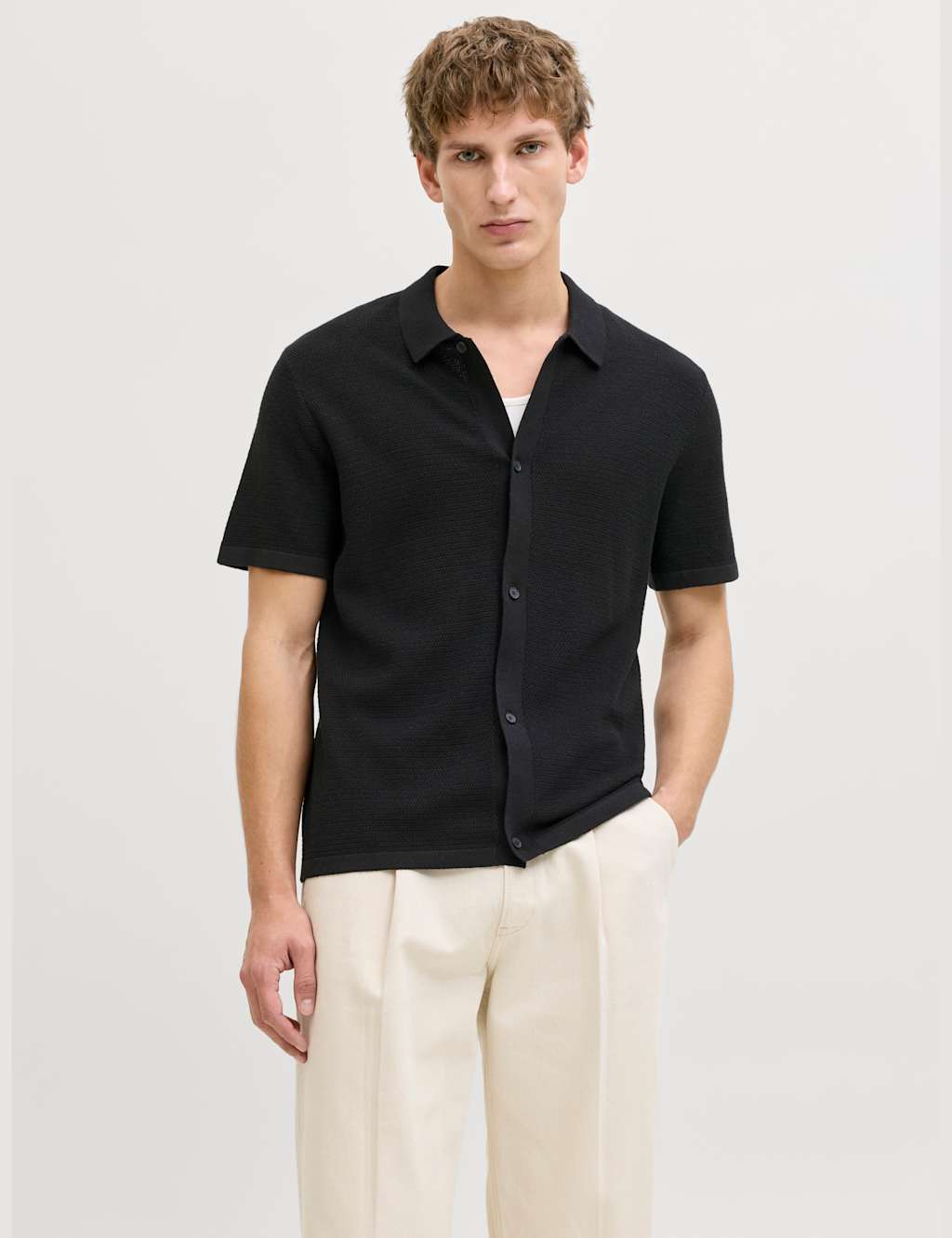 Jack & Jones Men's Regular Fit Cotton Rich Knitted Short Sleeve Shirt - XL - Black - Available at M&S
