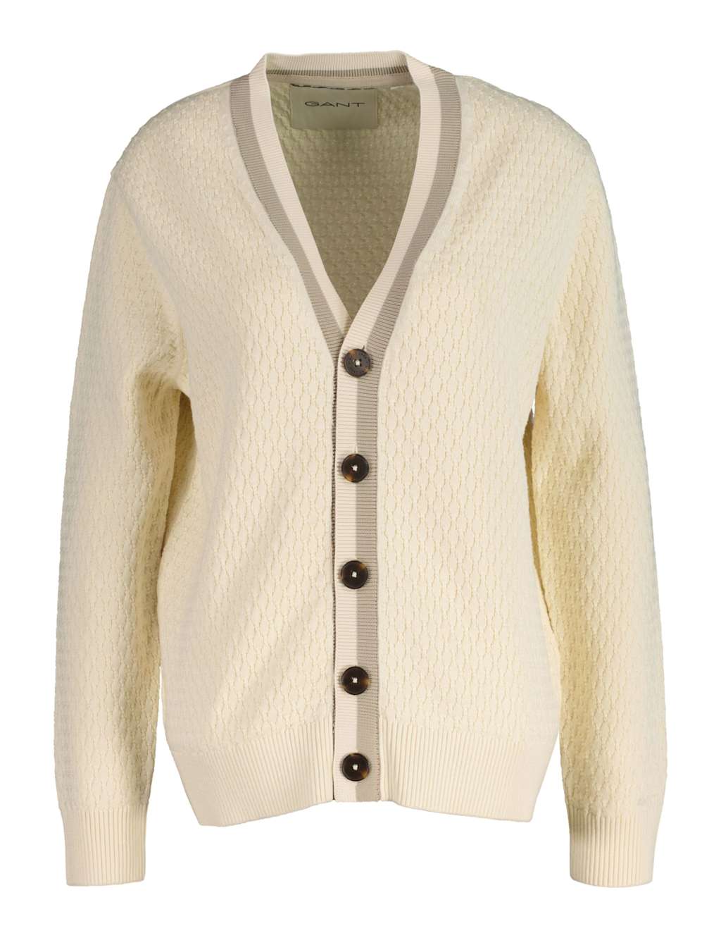 GANT Pure Cotton Textured Tipped Detail Cardigan Cream