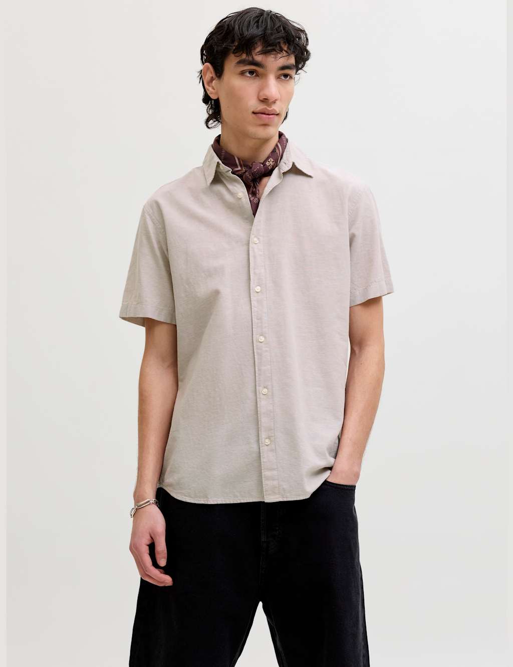 Jack & Jones Men's Regular Fit Linen Blend Short Sleeve Shirt - M - Beige - Available at M&S