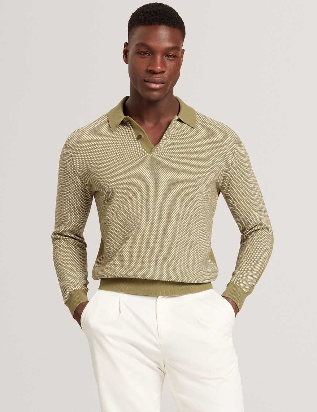 Ted Baker Men's ARDO LS Small Stitch Knitted Polo - XL - Green, Green,Brown