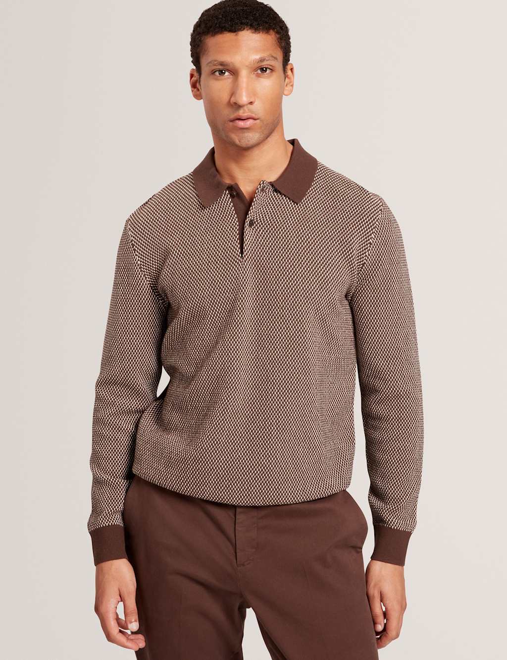 Ted Baker Men's ARDO LS Small Stitch Knitted Polo - XL - Brown, Green,Brown
