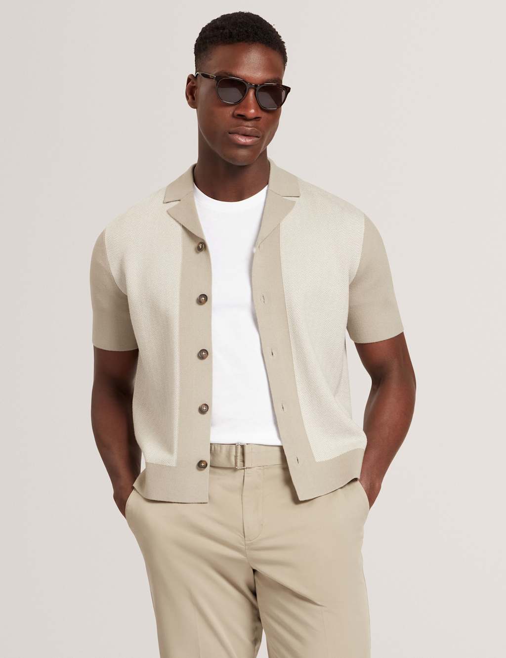 Ted Baker Textured Cuban Collar Knitted Shirt Khaki