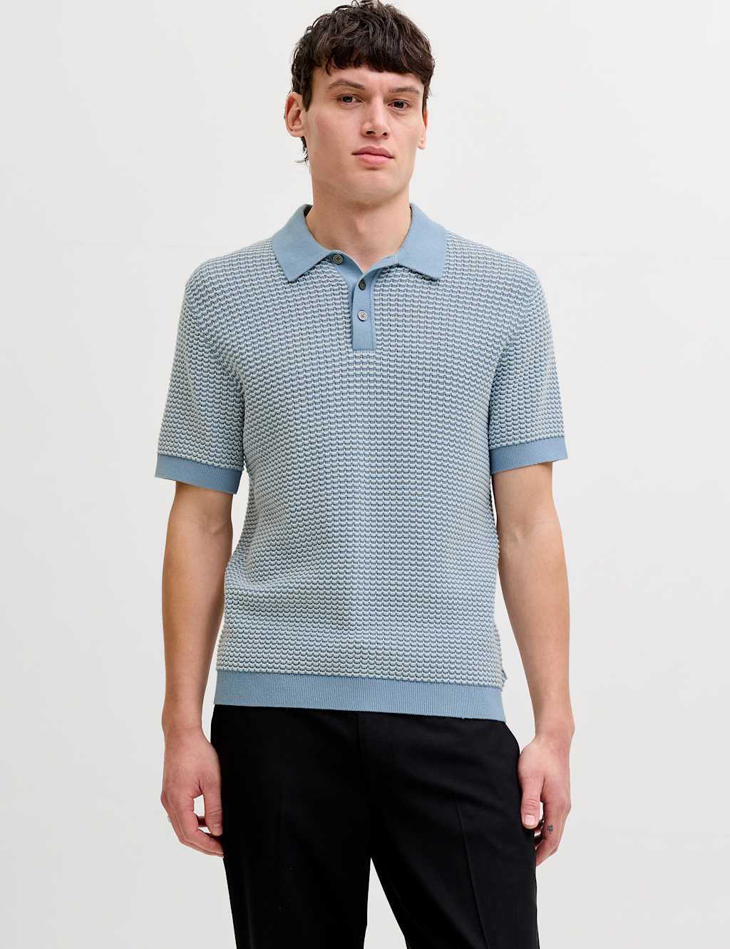 Jack & Jones Men's Pure Cotton Textured Knitted Polo Shirt - XL - Light Blue - Available at M&S