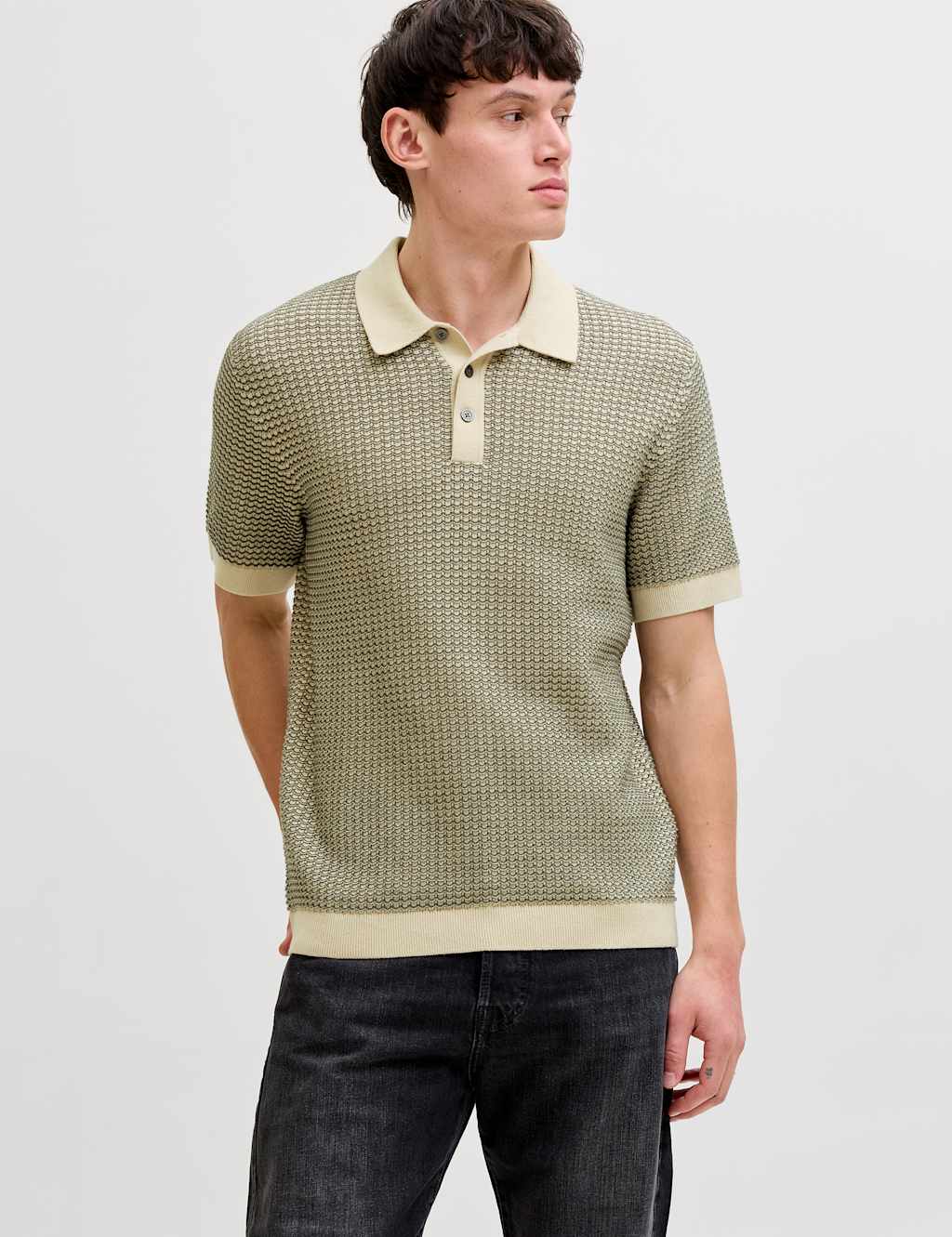 Jack & Jones Men's Pure Cotton Textured Knitted Polo Shirt - XL - Olive - Available at M&S