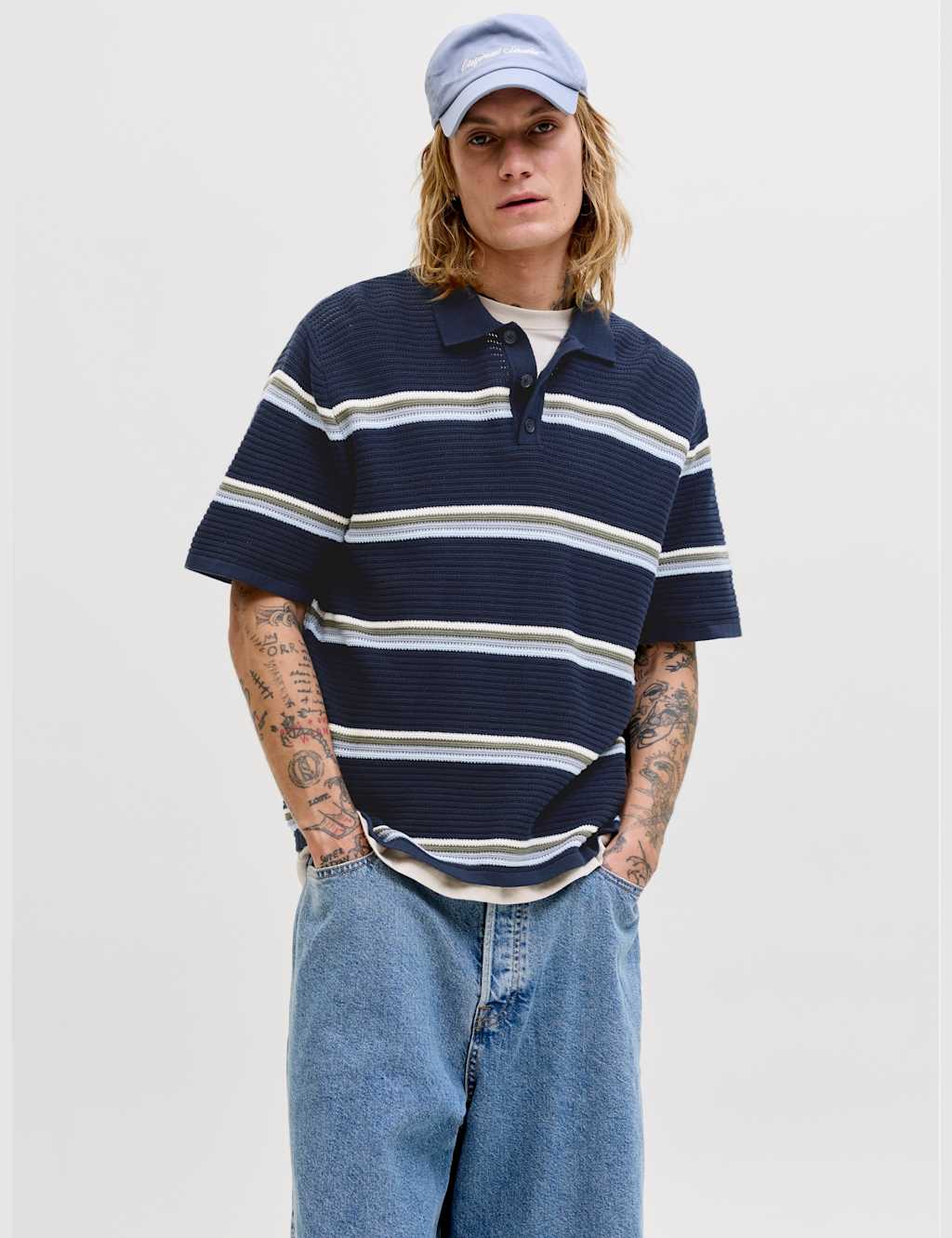 Jack & Jones Men's Pure Cotton Striped Knitted Polo Shirt - M - Navy - Available at M&S