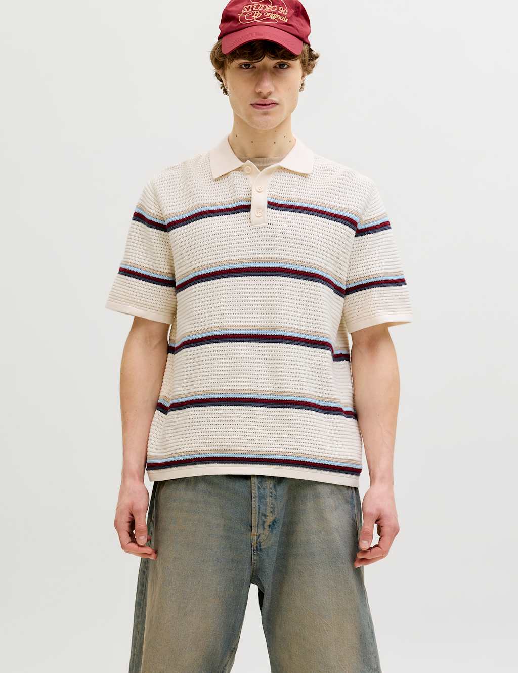Jack & Jones Men's Pure Cotton Striped Knitted Polo Shirt - S - White Mix - Available at M&S
