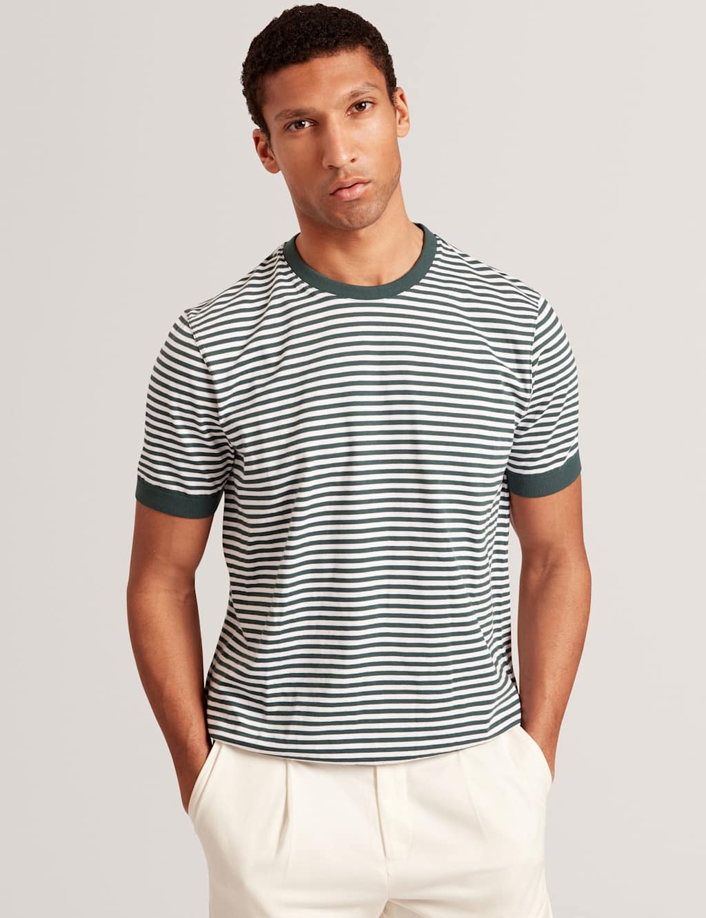 Ted Baker Pure Cotton Striped T-Shirt Dark Green