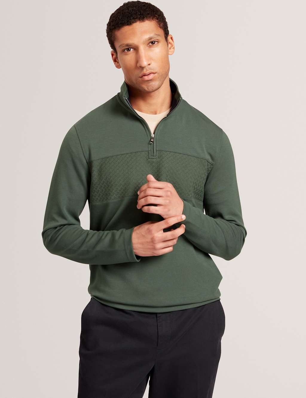 Ted Baker Modal Blend Textured Half Zip Sweatshirt Dark Green