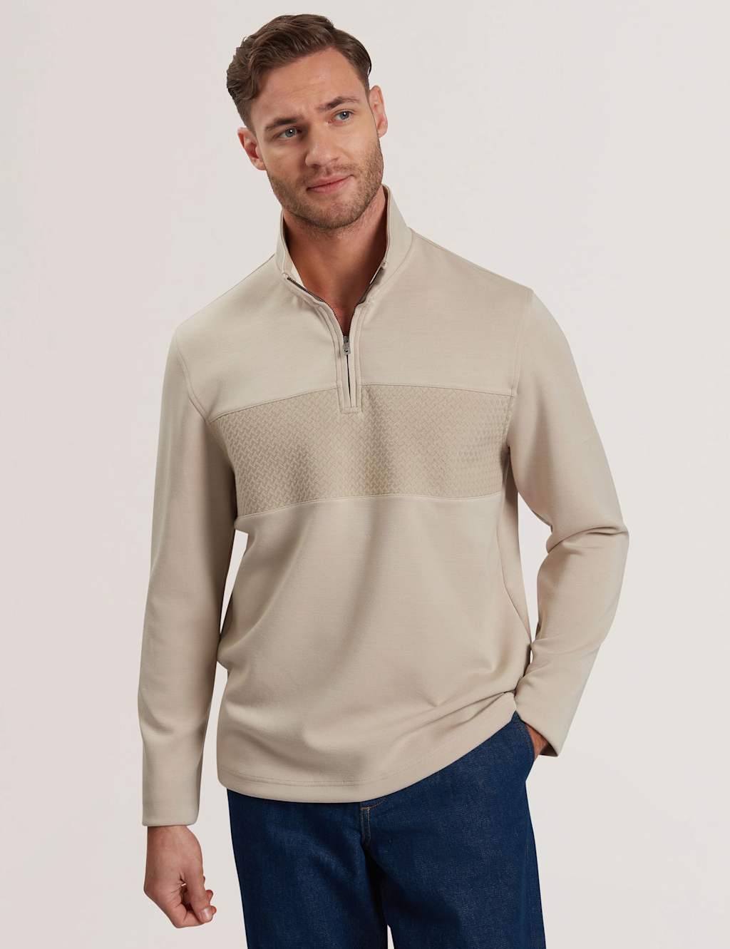 Ted Baker Modal Blend Textured Half Zip Sweatshirt Taupe