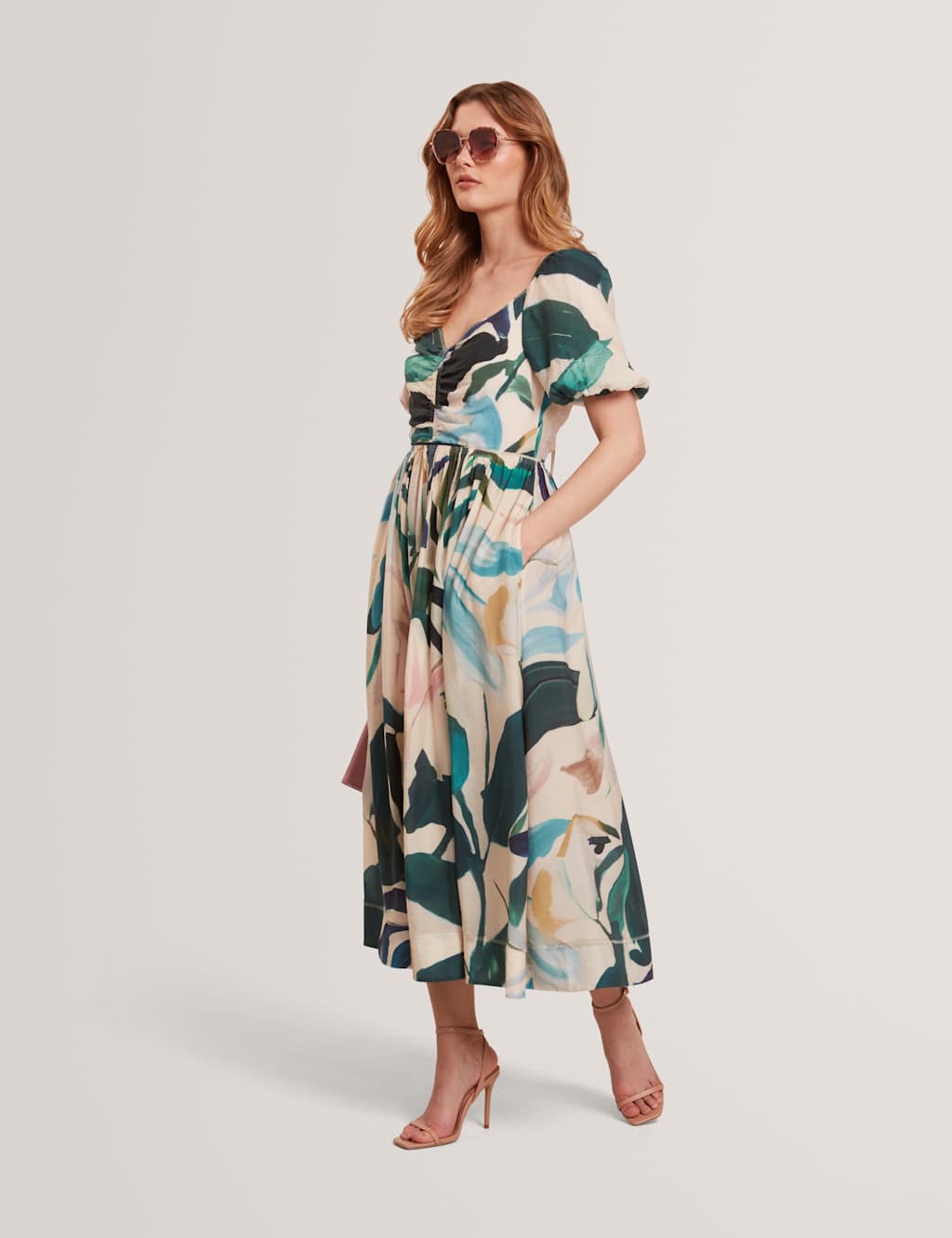 Ted Baker Lyocell Rich Printed Puff Sleeve Midi Dress Cream Mix