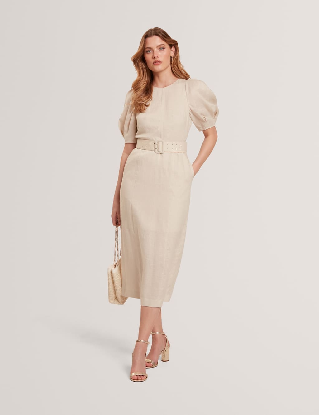 Ted Baker Belted Puff Sleeve Midi Tailored Dress Cream