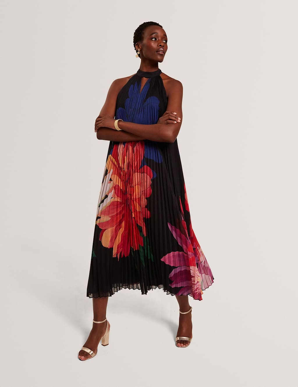 Ted Baker Floral Halter Neck Midi Column Dress Black