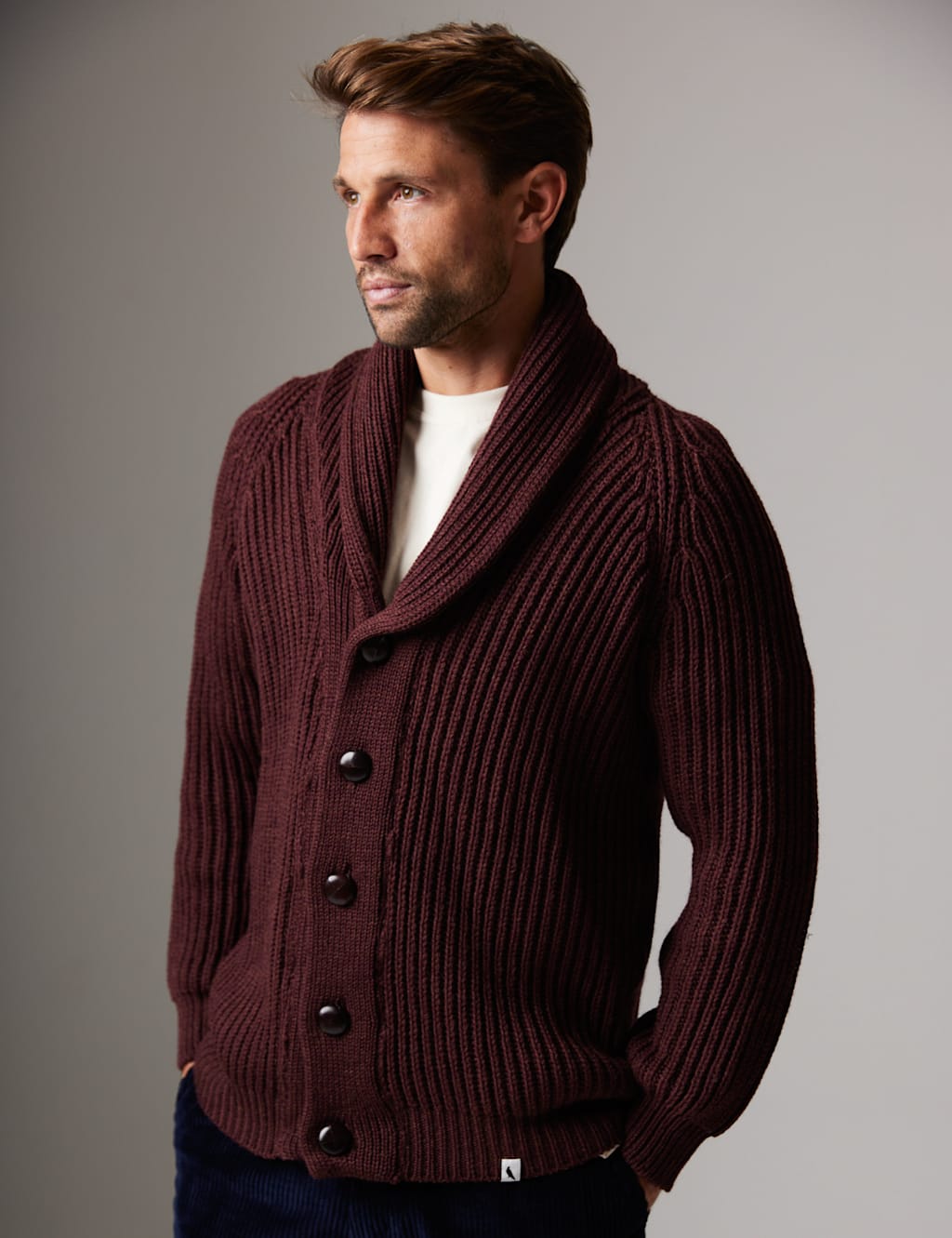 Peregrine Pure Merino Wool Ribbed Shawl Neck Cardigan Burgundy