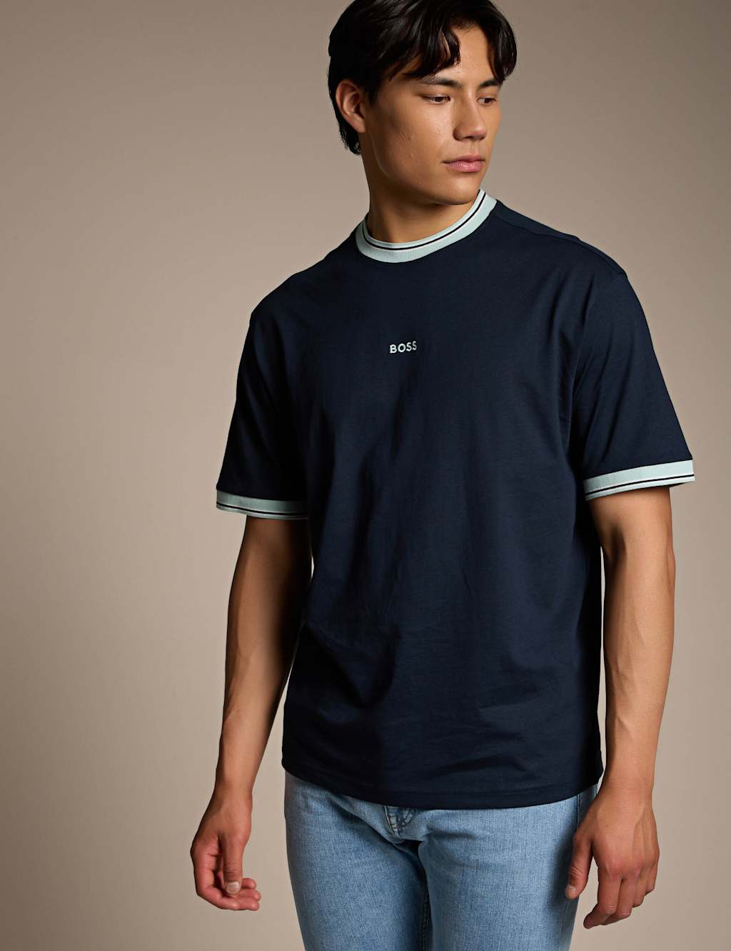 Boss Men's Pure Cotton Contrast Crew Neck T-Shirt - L - Navy - Available at M&S