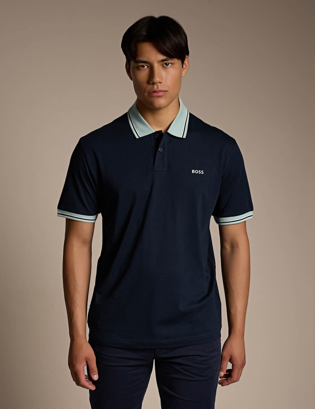 Boss Men's Cotton Jersey Polo Shirt With Stripe Trims - L - Navy - Available at M&S