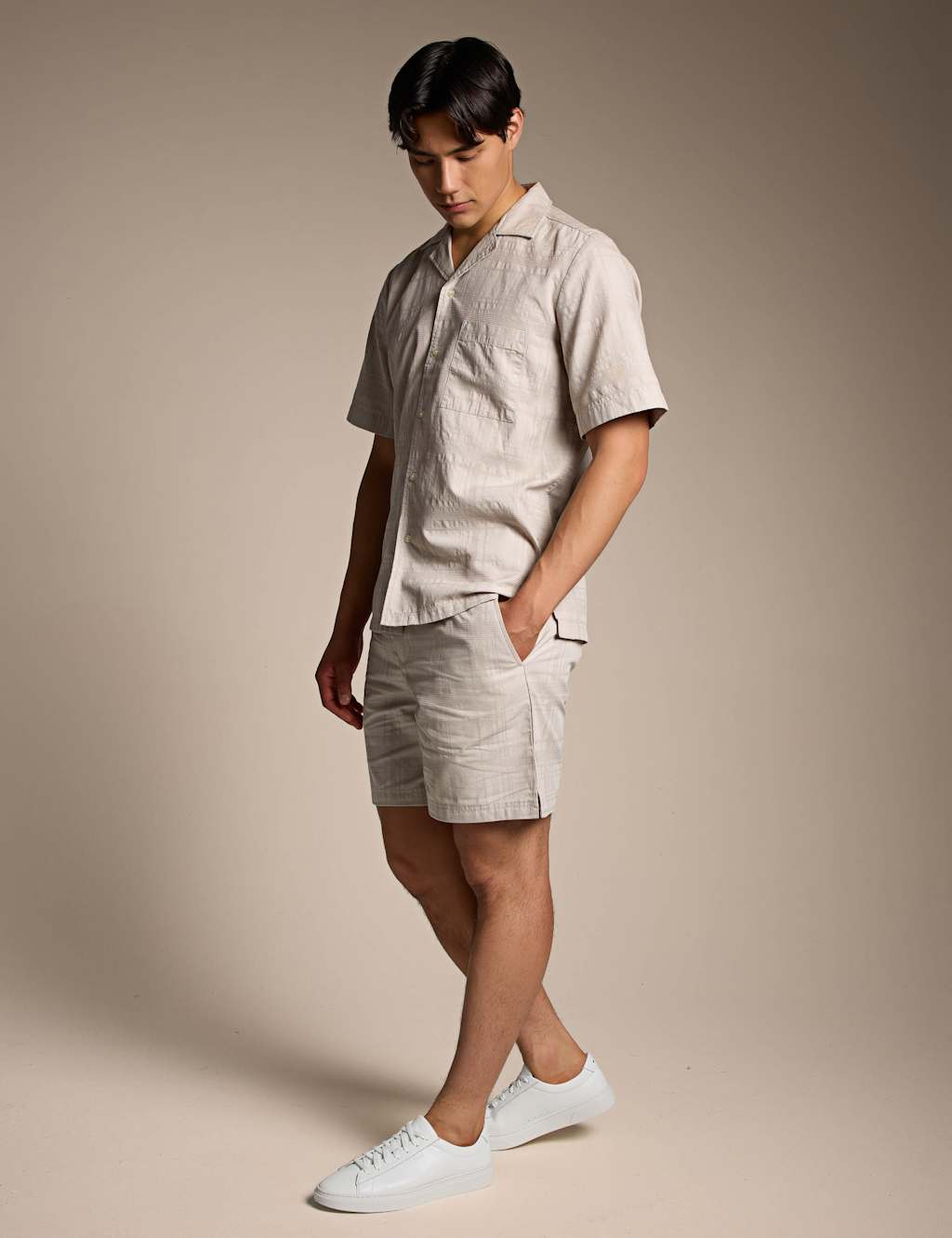 Boss Men's Pure Cotton Textured Lightweight Shorts - 34 - Beige - Available at M&S