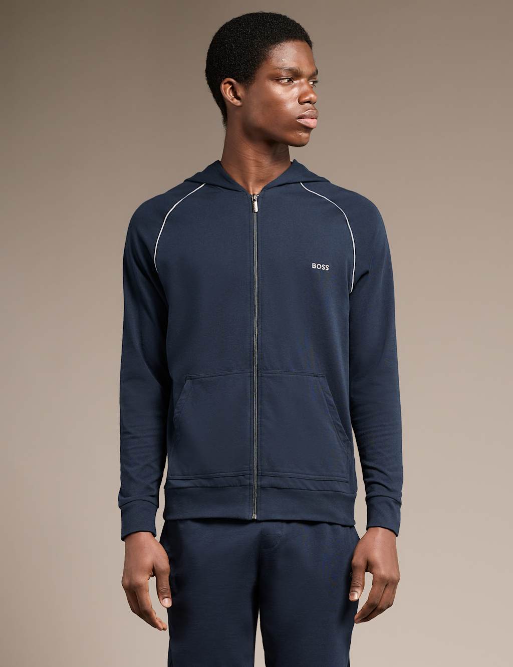 Boss Cotton Rich Zip Up Hoodie Navy