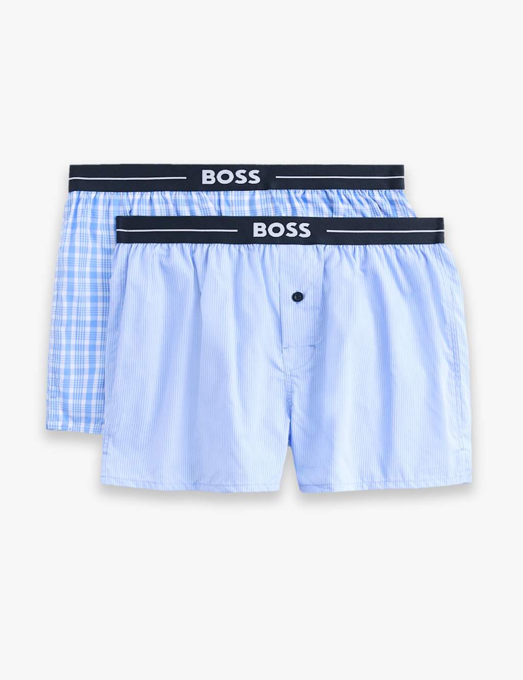 Boss 2 Pack Pure Cotton Plain Checked Boxers Blue Mix
