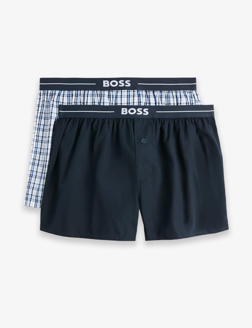 Boss 2 Pack Pure Cotton Plain Checked Boxers Navy
