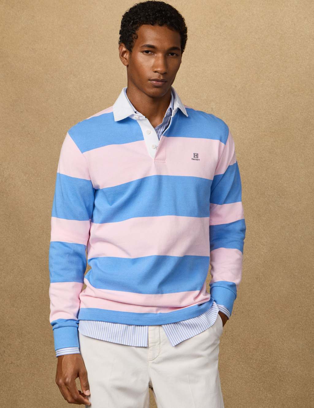 Hackett Men's Pure Cotton Striped Long Sleeve Rugby Shirt - L - Pink Mix - Available at M&S