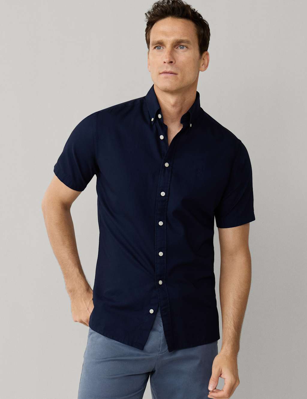 Hackett Men's Pure Cotton Short Sleeve Oxford Shirt - XL - Navy - Available at M&S