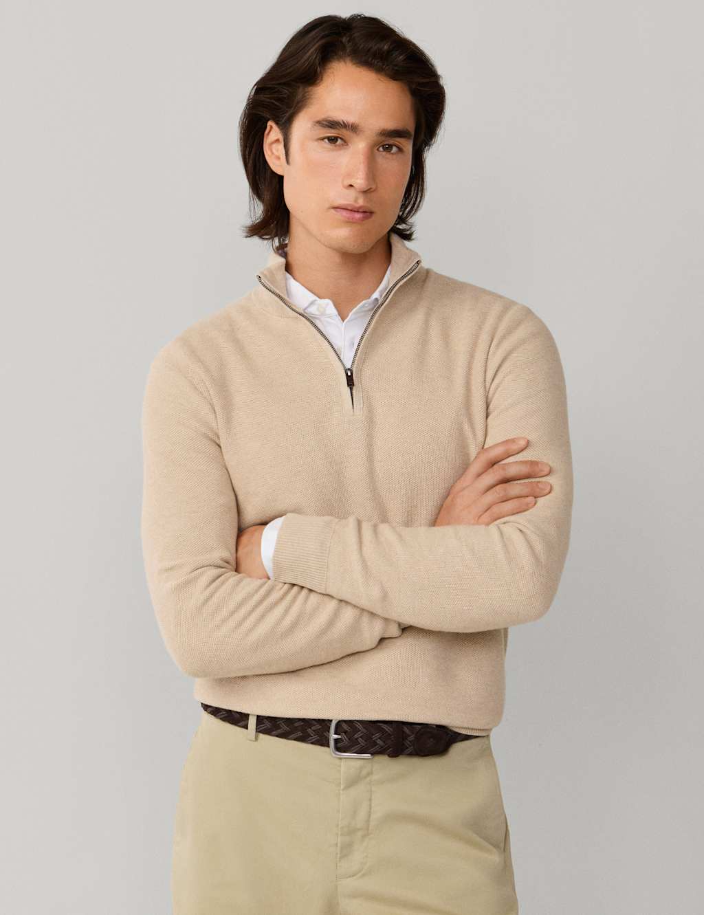 Hackett Men's Cotton Rich Half Zip Funnel Neck Sweatshirt - L - Beige - Available at M&S