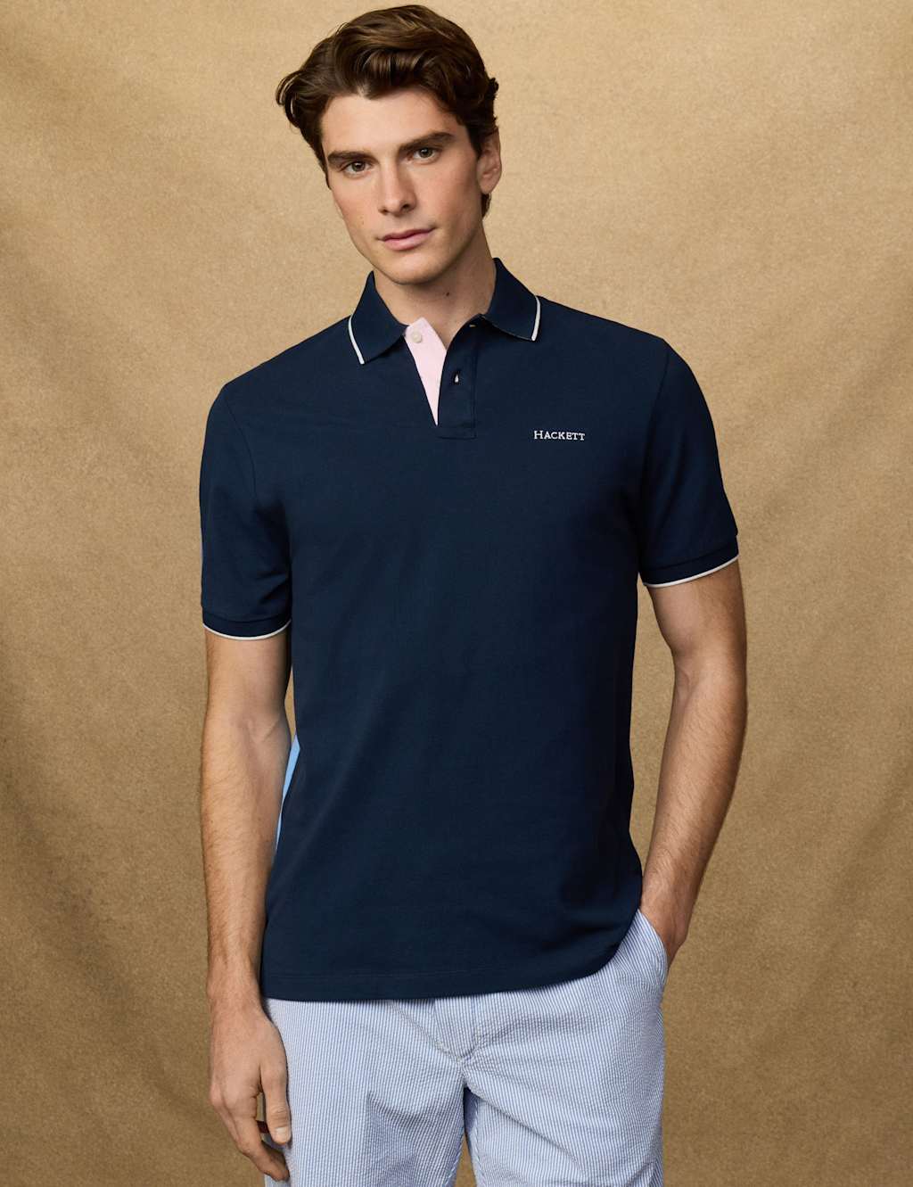 Hackett Men's Pure Cotton Tipped Striped Polo Shirt - L - Navy Mix - Available at M&S
