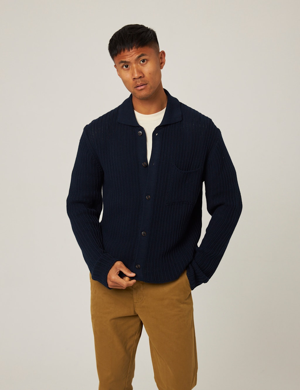 Peregrine Pure Cotton Textured Knitted Shirt Navy