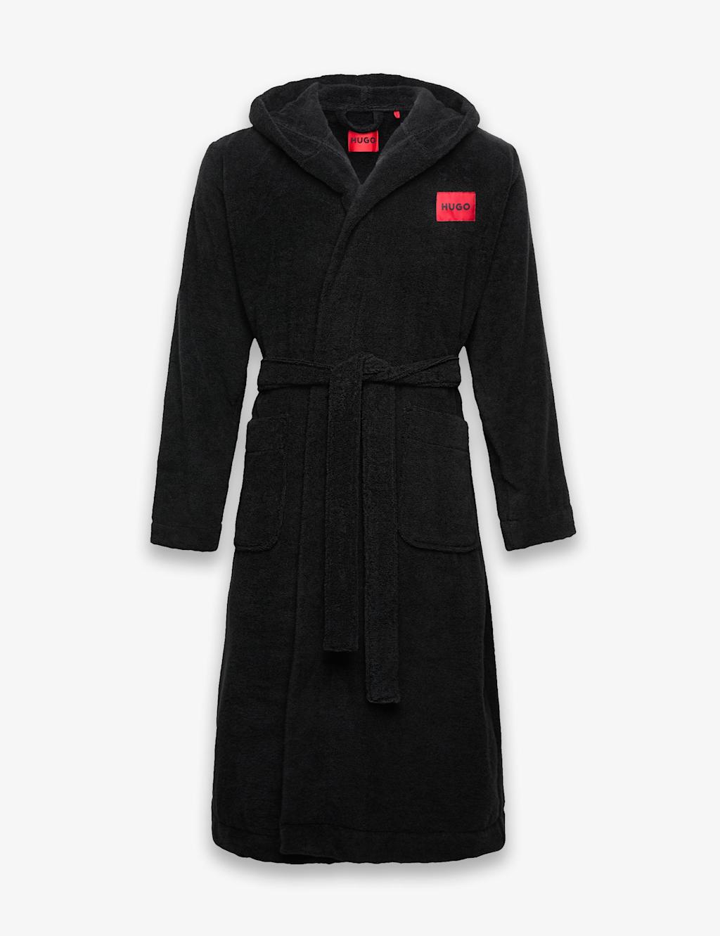 Hugo Pure Cotton Terry Hooded Dressing Gown Black