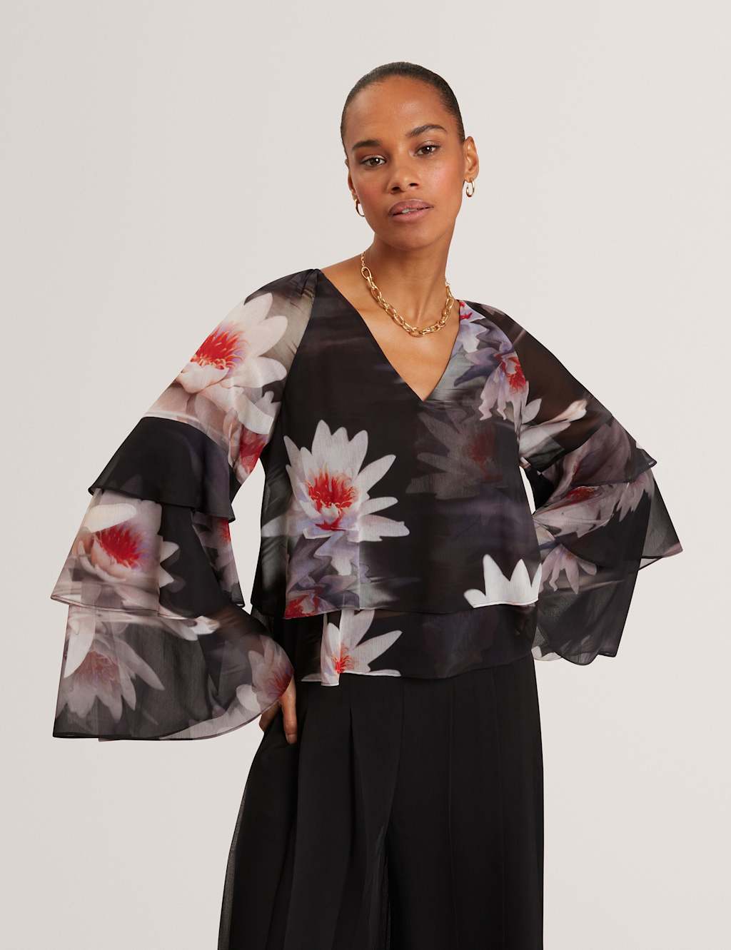 Ted Baker Women's Floral V-Neck Ruffle Top - 10 - Black - Available at M&S