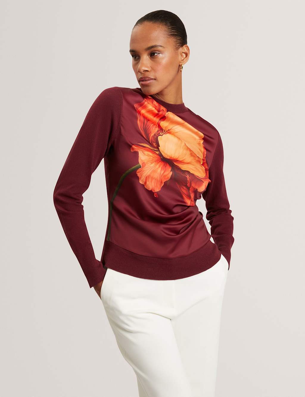 Ted Baker Women's Cotton Blend Floral High Neck Jumper - 16 - Burgundy - Available at M&S