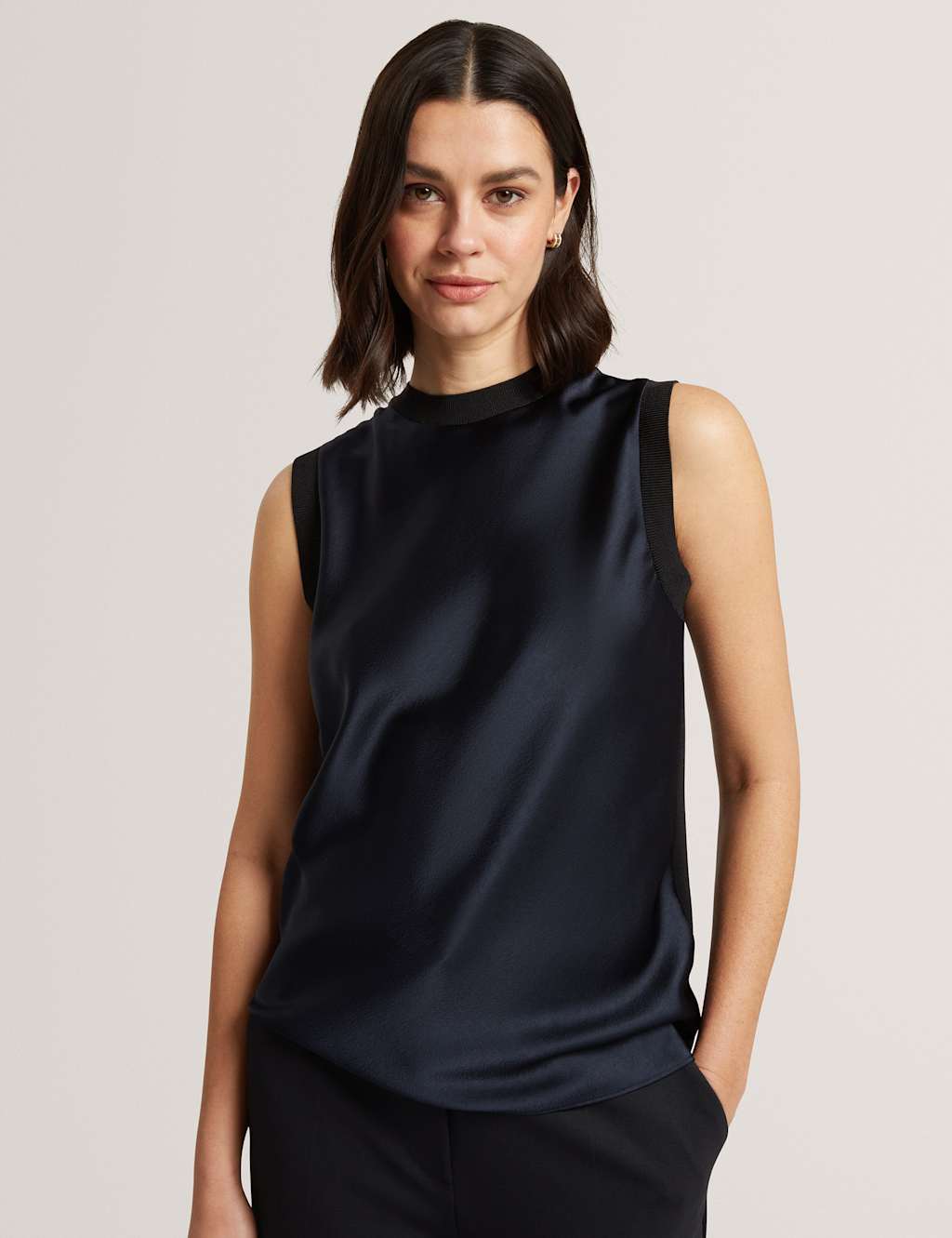 Ted Baker Women's Satin Crew Neck Rib Detail Vest Top - 8 - Navy - Available at M&S