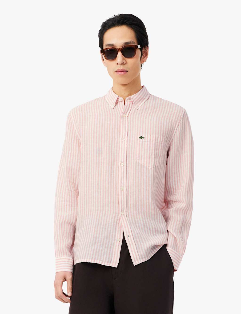 Lacoste Men's Regular Fit Pure Linen Striped Shirt - M - Orange Mix - Available at M&S